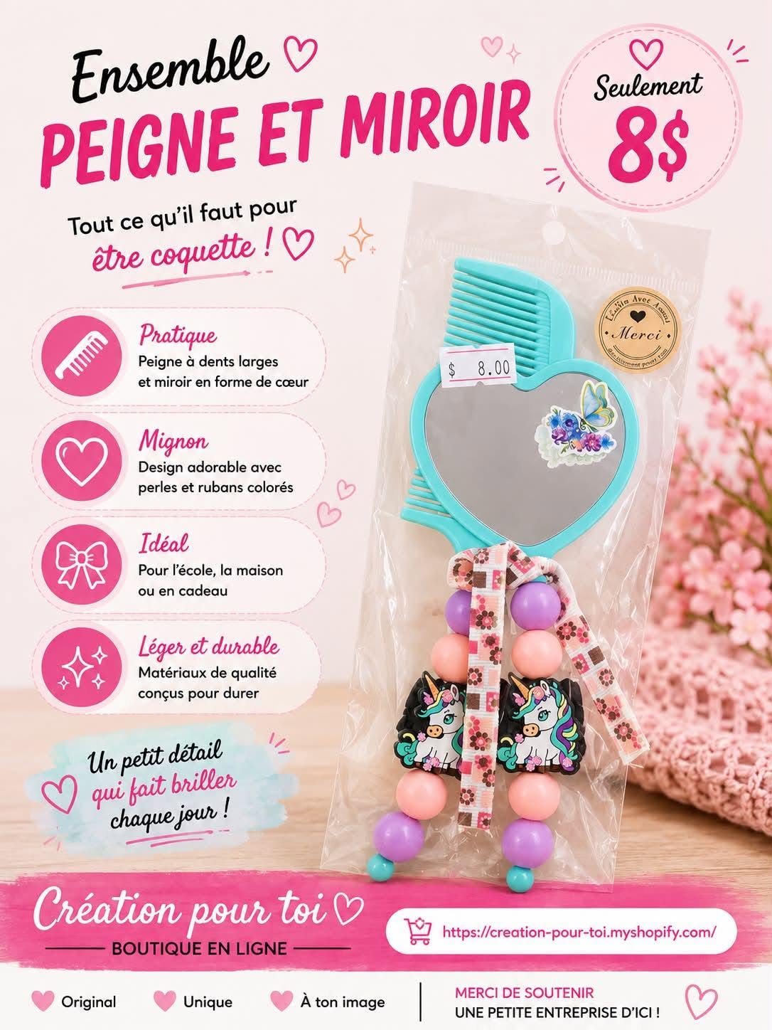 ENSEMBLE PEIGNE ET MIROIR LICORNE