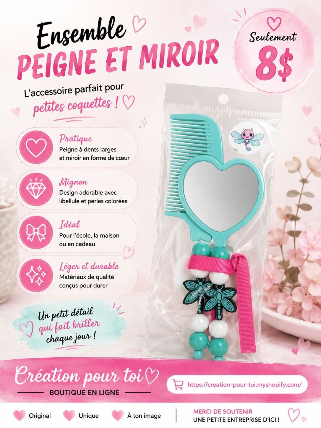 ENSEMBLE PEIGNE ET MIROIR LIBELLULE
