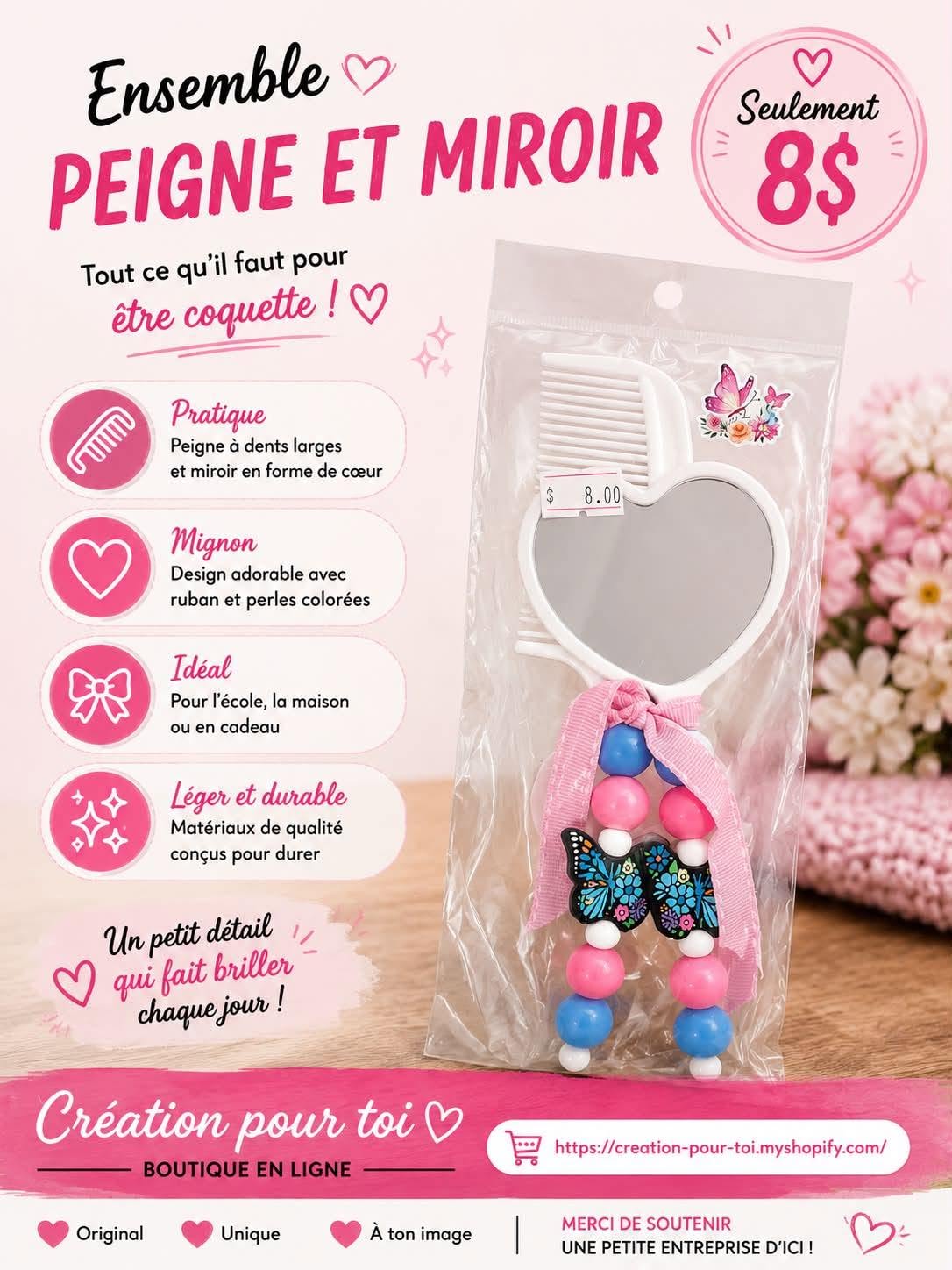 ENSEMBLE PEIGNE ET MIROIR PAPILLONS