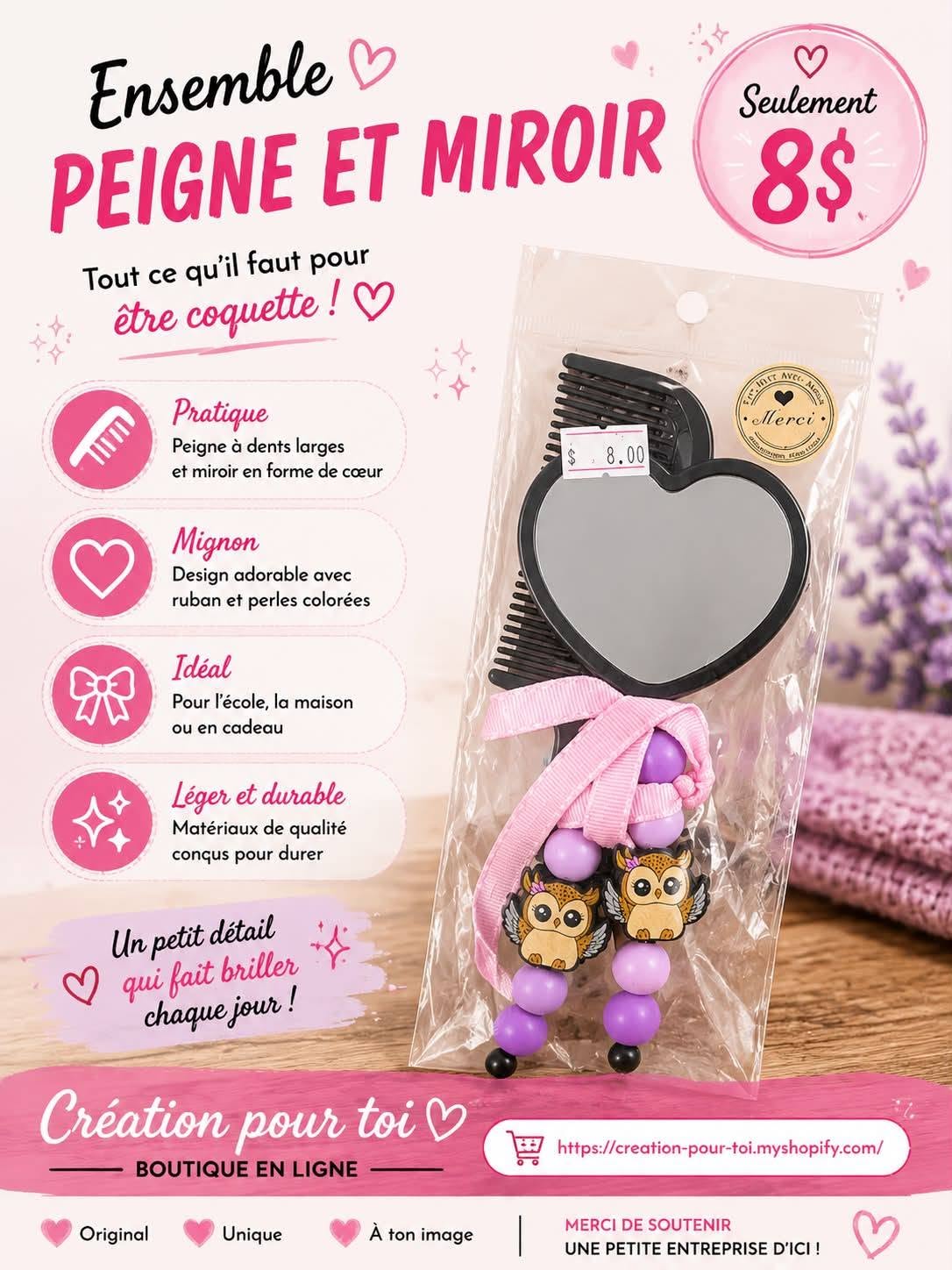 ENSEMBLE PEIGNE ET MIROIR HIBOU